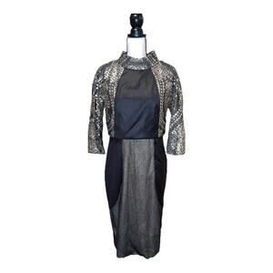Stogova Women's Black Lace Metallic Sequin Gold Long Sleeve Dress Size 42